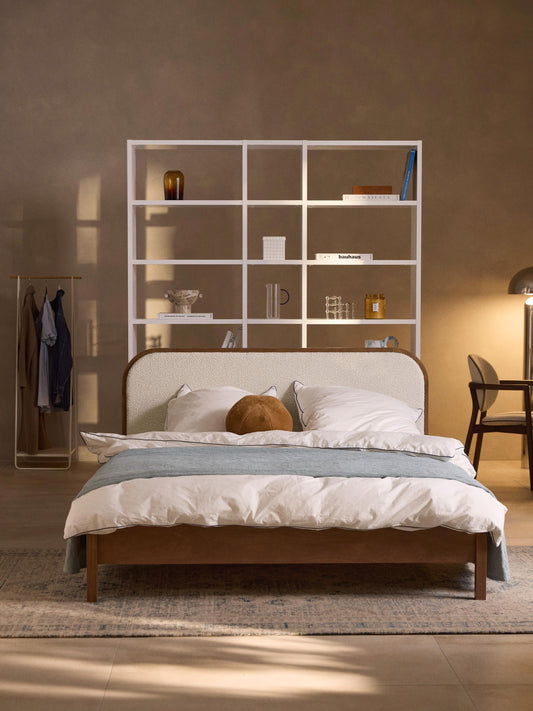 Jonseth Wooden Bed with Bouclé Headboard