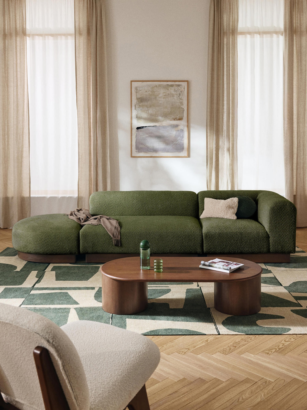 Natessia Modular Ottoman in Teddy Bouclé with Stool (Left/Right)