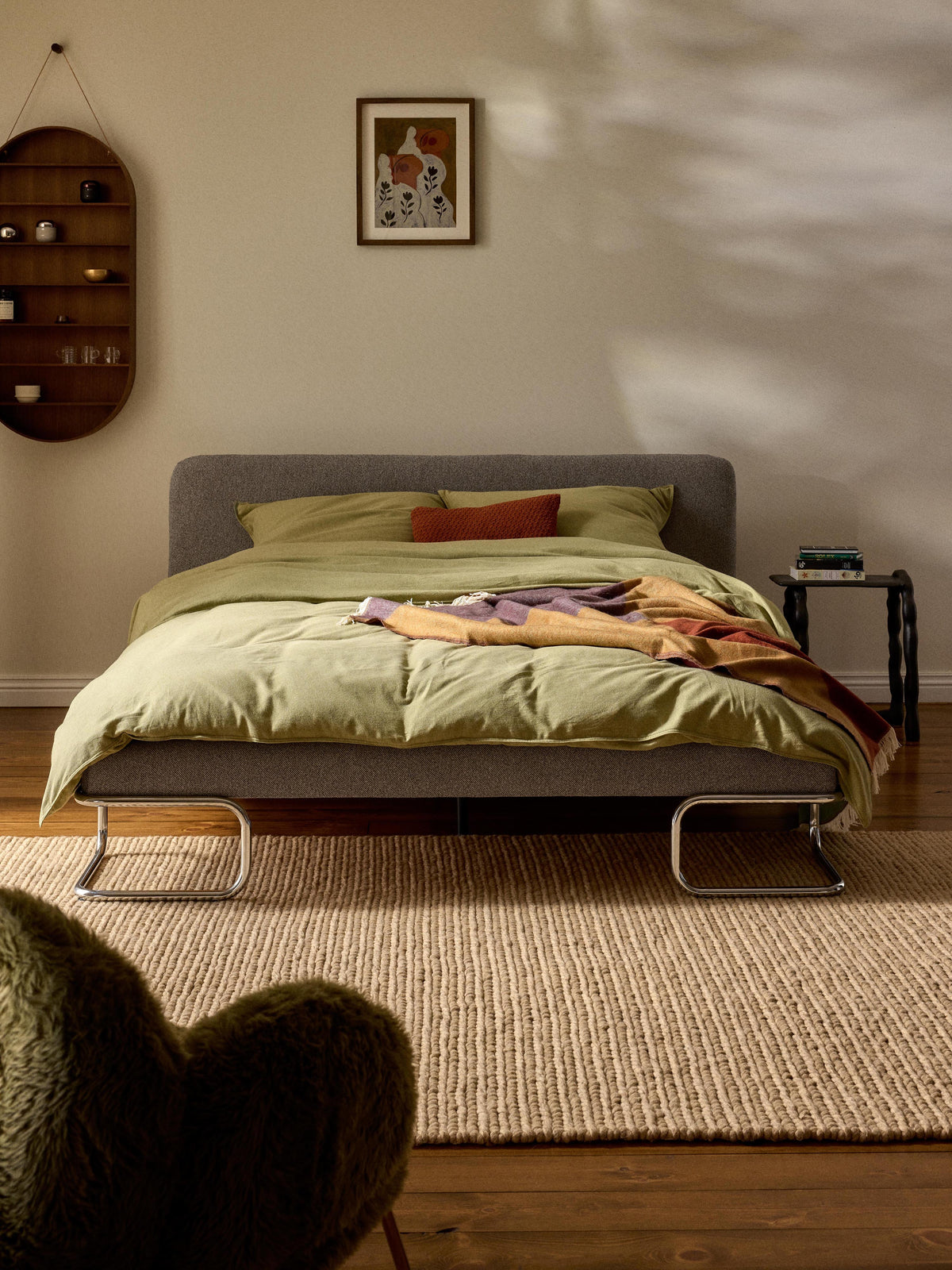 Olindra Bouclé Upholstered Bed with Metal Legs
