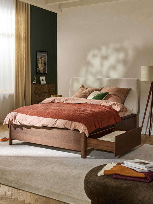 Santevo Wooden Bed with Drawers and Upholstered Headboard